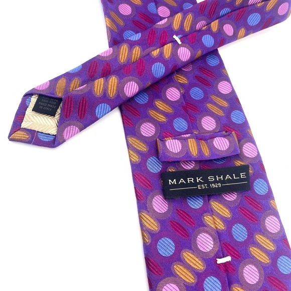 MARK SHALE Silk Purple Multi Color Polka Dot Striped Pattern Neck Tie Mens 3.75" - Picture 3 of 3